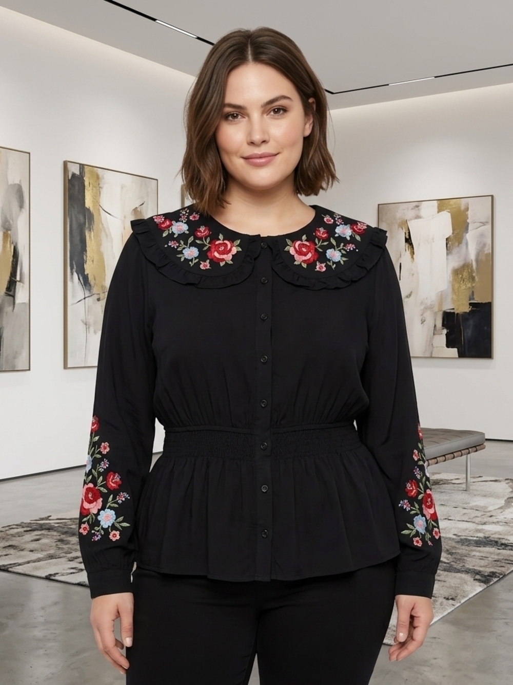 Savanna Jane Black Button-Down Top with Floral Embroidered Collar
